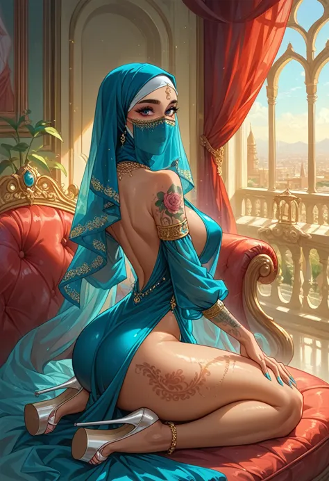 an arabic woman, with big natural breasts, big rounded ass, wear silk hijab, face veil, shiny baby blue dress, platform heel, co...