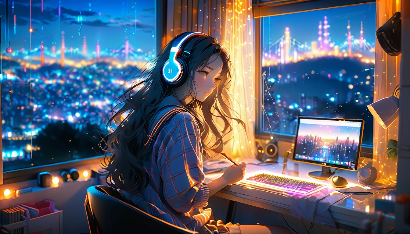 Beautiful girl studying in her room while listening to music with headphones、long hair、Warm indirect lighting、Beautiful cityscape from the room window、Japanese anime style、