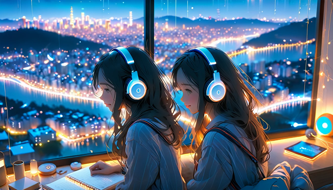 Beautiful girl studying in her room while listening to music with headphones、long hair、Warm indirect lighting、Beautiful cityscape from the room window、Japanese anime style、