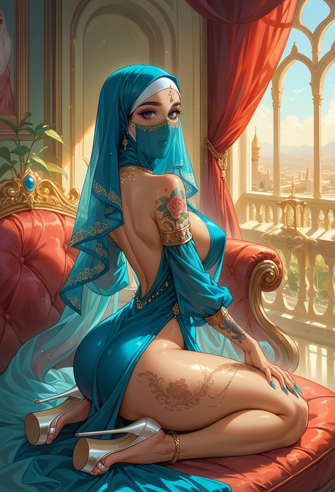 An arabic woman, with big natural breasts, big rounded ass, wear silk hijab, face veil, shiny baby blue dress, platform heel, collar, make-up, polished nails، body tattoos, sitting on a luxury sofa, inside a luxury palace, open window, curtains flowing with air, sunlight, dreamy look, heavenly scenery, 