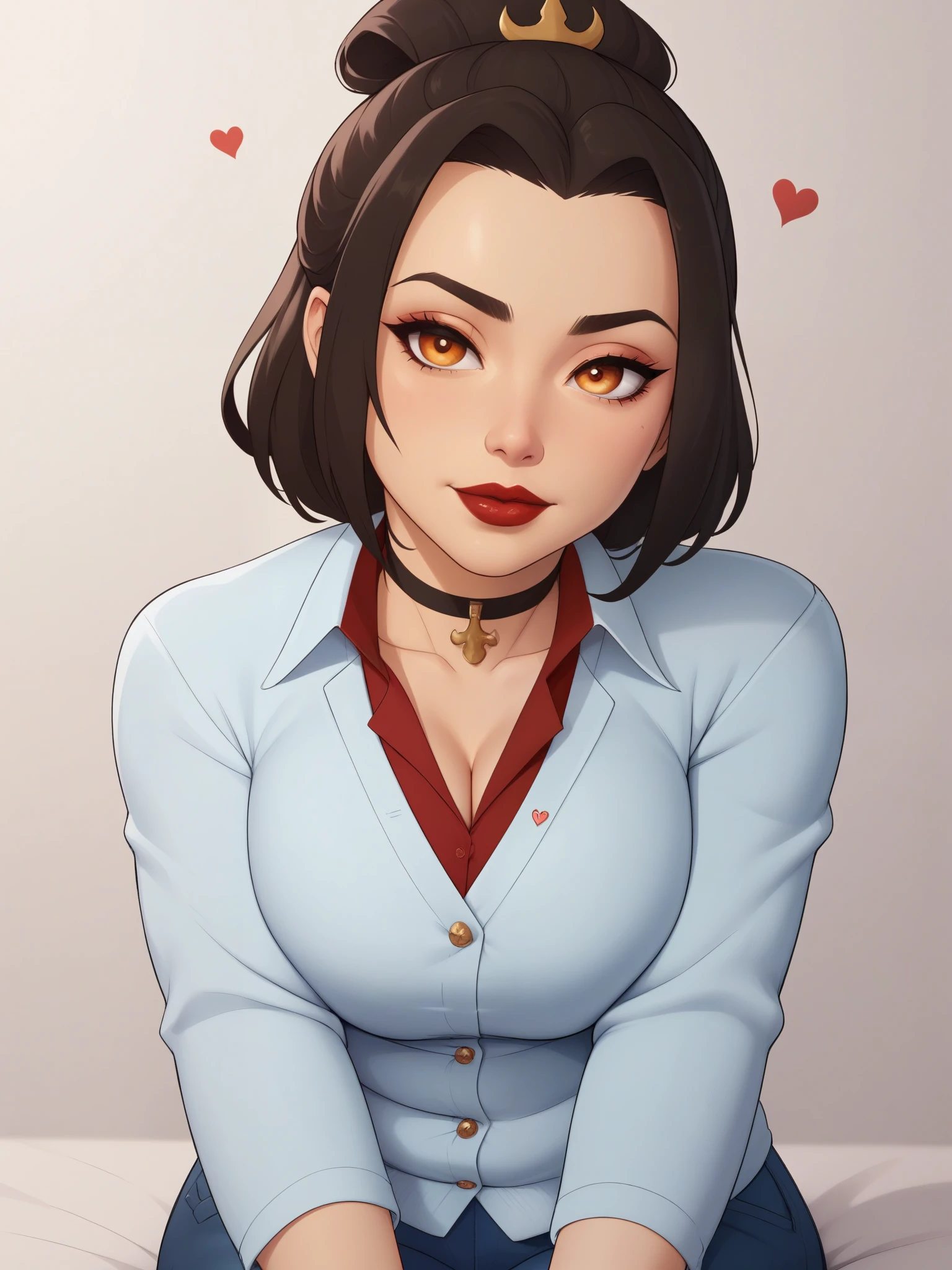 Azula. (a beautiful, young, fair-skinned, amber-eyed and slender girl of medium height. Azula's makeup consists of mascara and red lipstick. Azula also has wavy dark brown hair down to the middle of her back with two additional strands above her shoulders. choker. school uniform. jeans. cardigan. bbw. heart. sitting. school