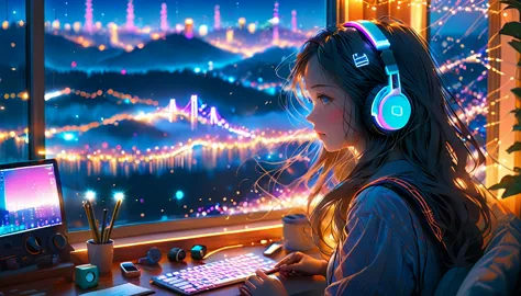 beautiful girl studying in her room while listening to music with headphones、long hair、warm indirect lighting、beautiful cityscap...