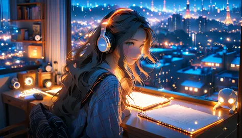 beautiful girl studying in her room while listening to music with headphones、long hair、warm indirect lighting、beautiful cityscap...