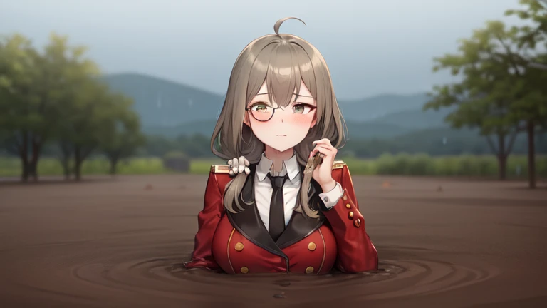 masterpiece, best quality, 1girl, solo, blush, heliandef, monocle, scrunchie, military uniform, red coat, necktie, large breasts, partially submerged, in mud, (flooding up to the chest:1.5), upper body, jungle, bogged,