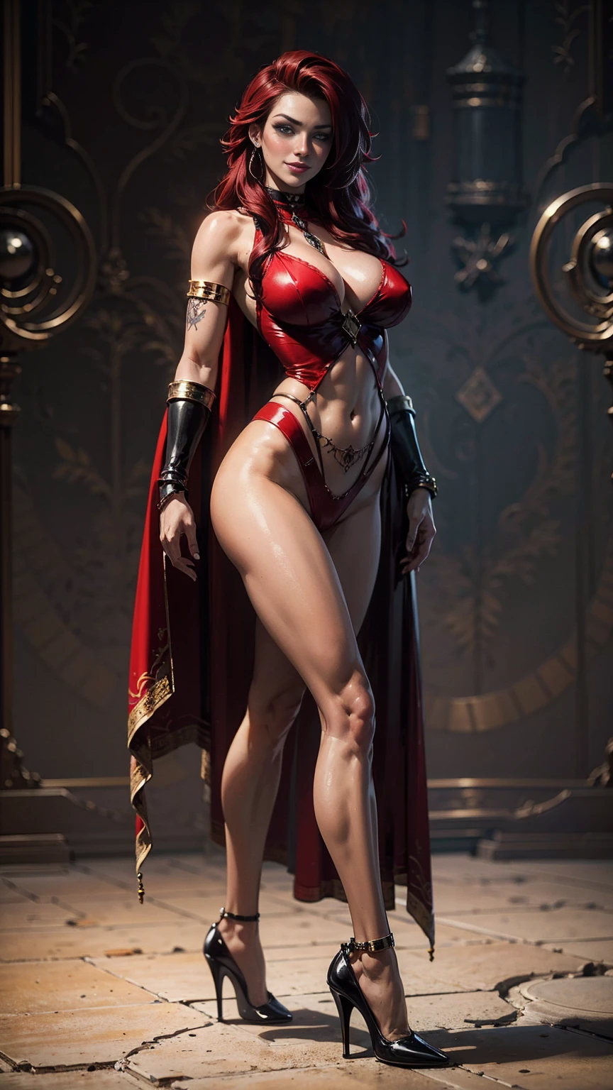 1meture sexy  woman with Two long mascular thighs, red eyes, sexy hair, long hair, huge breasts, very beautiful background, long cape, naked, red high heels, hands on breast. red tattoo on belly navel, full body female MILF BIMBO, lustful smirking smile face (red blush), metal shoulders, golden bracers sleeveless, sexy choker sexy slave