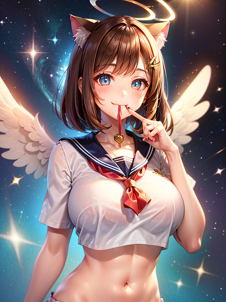 A beautiful smiling girl in a sailor suit,Halation,Cat ear,Brown hair short bob,front,Very beautiful eyes,universe,Milky Way,(((Put your finger over your mouth))),White angel wings on your back,Big Breasts,(((Halo))),