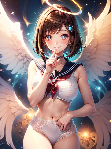 a beautiful smiling girl in a sailor suit,halation,cat ear,brown hair short bob,front,very beautiful eyes,universe,milky way,(((...