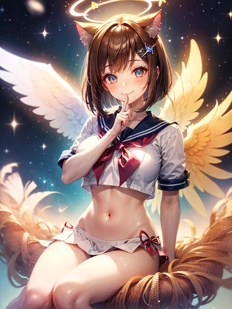 a beautiful smiling girl in a sailor suit,halation,cat ear,brown hair short bob,front,very beautiful eyes,universe,milky way,(((...