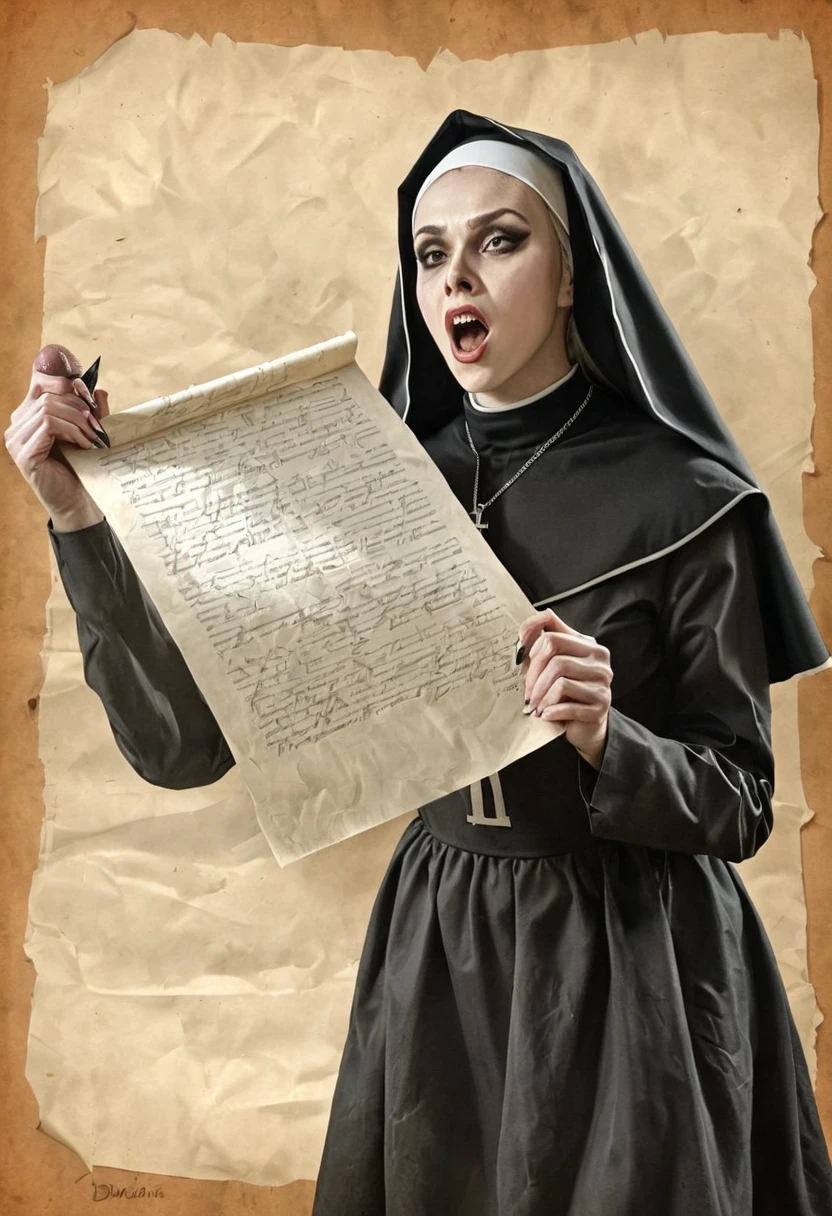 A nun demonic figure holding a penis putting inside vagina, graphite technique on old paper style, deep brush shadows, professional illustration, creepy