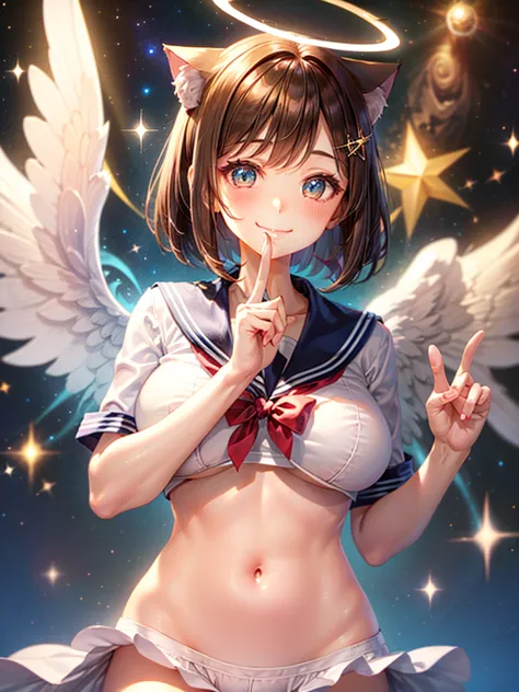 a beautiful smiling girl in a sailor suit,halation,cat ear,brown hair short bob,front,very beautiful eyes,universe,milky way,(((...