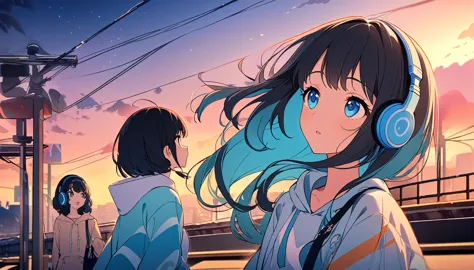 at the station platform at dusk、a young girl with short black hair and an adult vibe wearing blue headphones、looking up at the n...