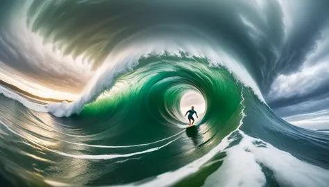 a vibrant and cinematic image capturing a surfer in a unique "tiny planet" perspective. the surfer rides the massive waves with ...