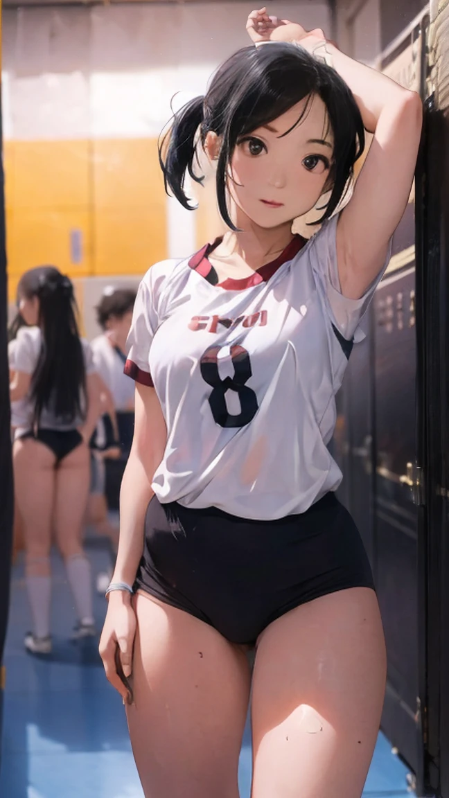 Highest quality, shape, Very detailed, Finer details, High resolution, wallpaper, Perfect dynamic composition, (High quality with attention to detail, Realistic depiction of eyes:1.3), (short hair volleyball player, Tight clothing, locker room, (Large Breasts), Black hair color, Big Natural Color Lip, Bold sexy pose, (Perfect shape), Putting on gal makeup, Sexy Face, Harajuku Style、20-year-old girl、Cute type、Hata、Beautiful legs, Burning idol pose, Voluptuous thighs, (squat, Spread your legs)、Riho Yoshioka, White volleyball uniform, 8k