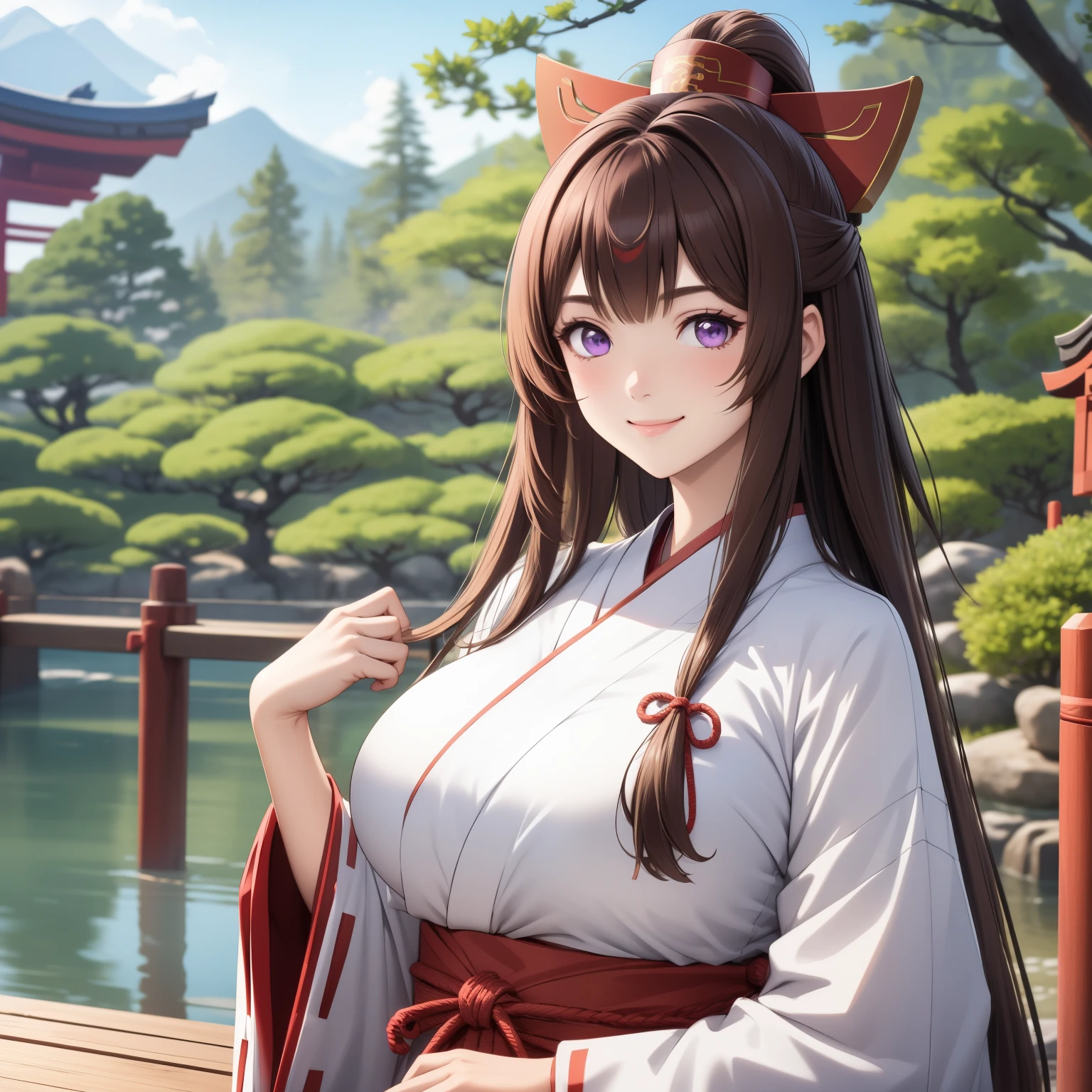 v1.0
Tomoe , brown hair. violet eyes, big breasts,  smile, pechos grandes, priestess costume, White and red, Japanese miko, ribbon on your head, background a Japanese garden.