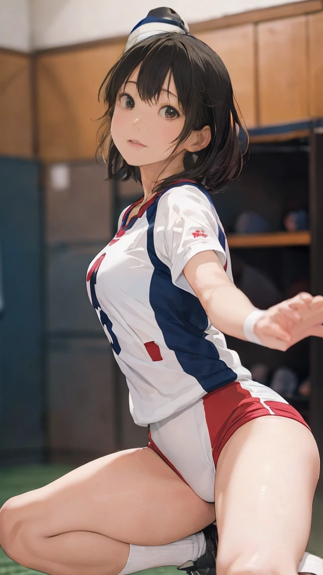 Highest quality, shape, Very detailed, Finer details, High resolution, wallpaper, Perfect dynamic composition, (High quality with attention to detail, Realistic depiction of eyes:1.3), (short hair volleyball player, Tight clothing, locker room, (Large Breasts), Black hair color, Big Natural Color Lip, Bold sexy pose, (Perfect shape), Putting on gal makeup, Sexy Face, Harajuku Style、20-year-old girl、Cute type、Hata、Beautiful legs, Burning idol pose, Voluptuous thighs, (squat, Spread your legs)、Riho Yoshioka, White volleyball uniform, 8k