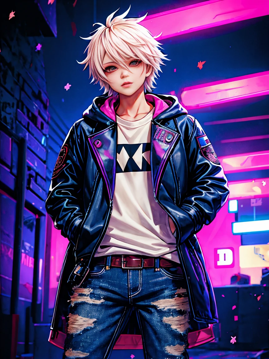 (See the streaming notes representing :1.2),  background, cyber punk 2077, background, cyber punk, cyber punk 2077 レベッカ, neon照明効果, neon lighting effect, line neon,1 girl, night, ぼやけたbackground, Brown eyes, cowboy, Denim jacket, Written boundary depth, Put your hands in your pockets, Upper Body, Oblique body, In the ass, have, hoodie, coat, Low Height Jeans, lips, Looking at the audience, neon,Bleaching, Open jacket, slightly lifted lips , rainbow, shirt, alone, Are standing，(Exquisite and perfect attitude:1.3)，(dream)，( masterpiece, Accurate, Anatomically correct, Textured skin, Attention to detail, high quality, Award-winning, 4K)