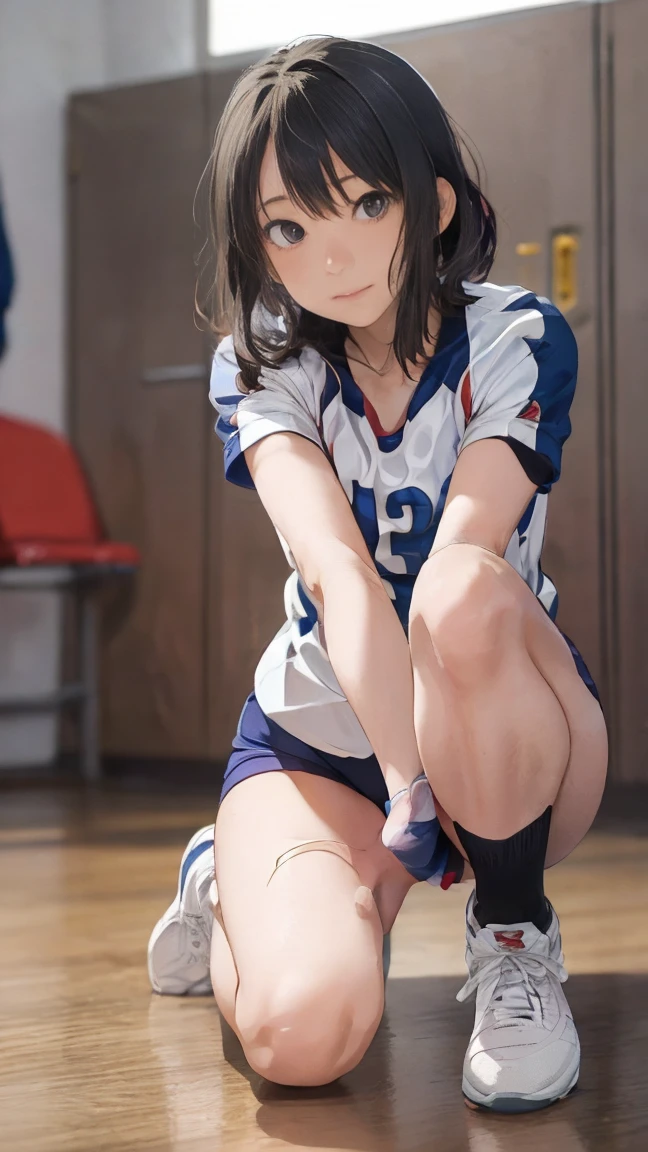 Highest quality, shape, Very detailed, Finer details, High resolution, wallpaper, Perfect dynamic composition, (High quality with attention to detail, Realistic depiction of eyes:1.3), (short hair volleyball player, Tight clothing, locker room, (Large Breasts), Black hair color, Big Natural Color Lip, Bold sexy pose, (Perfect shape), Putting on gal makeup, Sexy Face, Harajuku Style、20-year-old girl、Cute type、Hata、Beautiful legs, Burning idol pose, Voluptuous thighs, (squat, Spread your legs)、Riho Yoshioka, White volleyball uniform, 8k