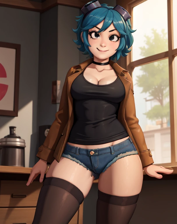 masterpiece, best quality, 1girl, solo, closed mouth, smile, looking at viewer, scottpilgrimvstheworld, denim short-shorts, black pantyhose, opened tan coat, black camisole, ramona flowers, indoors,
