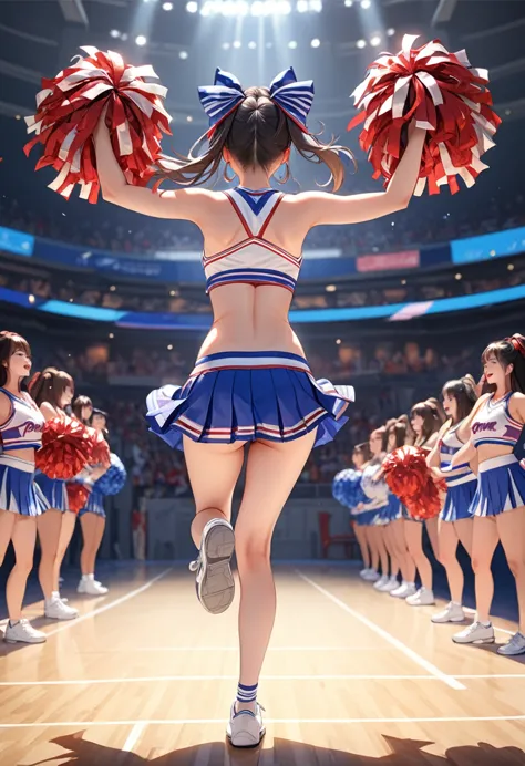 (masterpiece, best quality:1.2), 1girl, full body,from behind,cheerleaders,(pom-pom in both hands:1.3),standing one leg,(raise o...