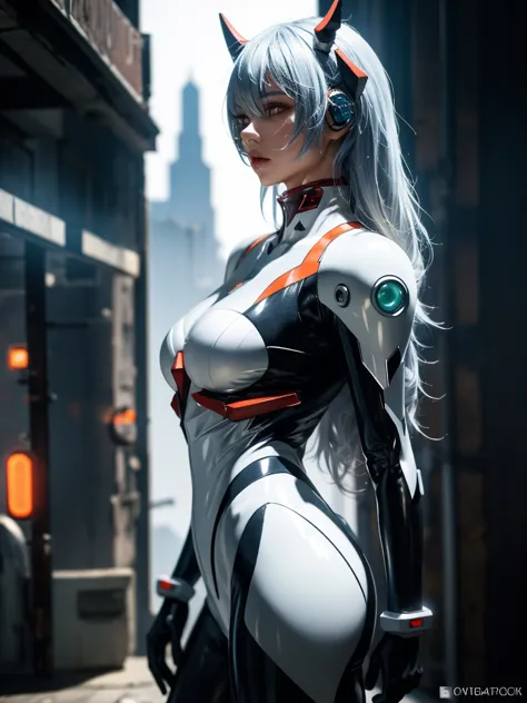 1girl, a beautiful girl cyborg cyberpunk with a cyberpunk city tall buildings, white hair, cybermask, white and orange and black...