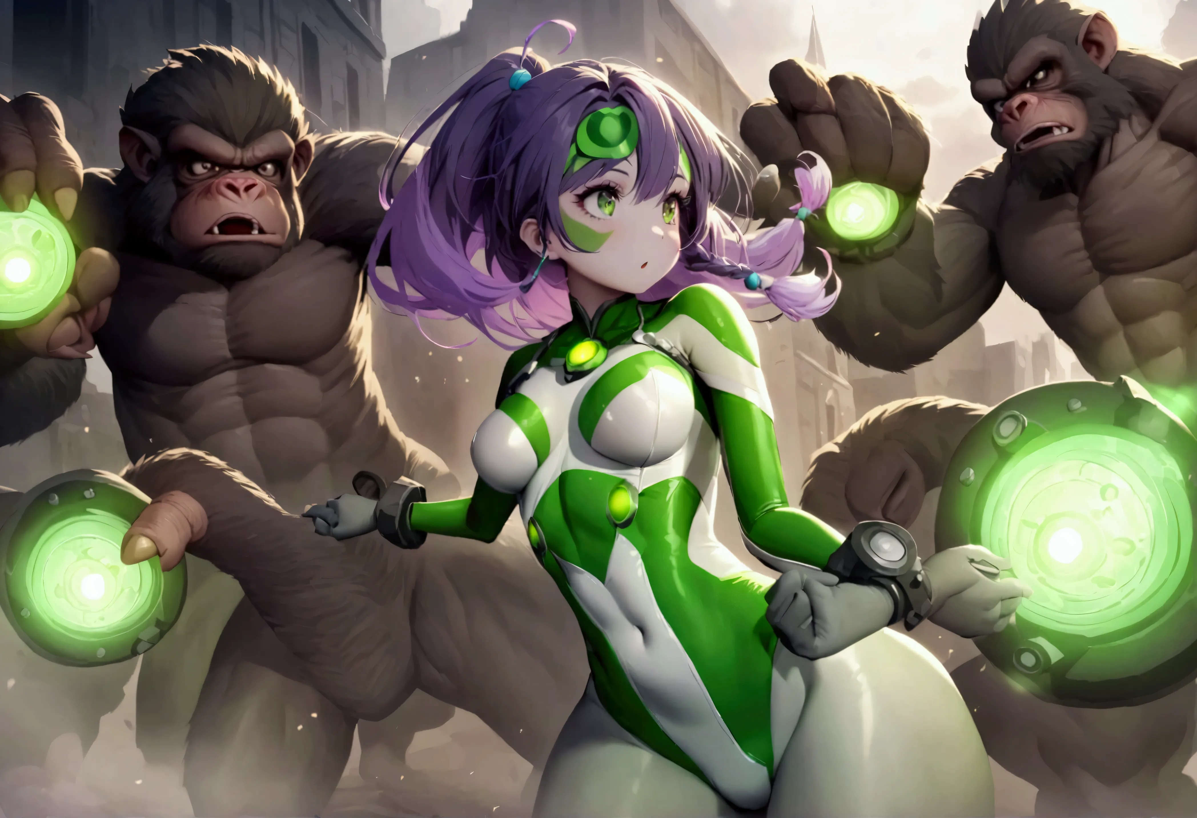 lovely cute yuna woman in role as green lantern (skin tight costume), defending the city from alien robot ape monsters, epic sho...