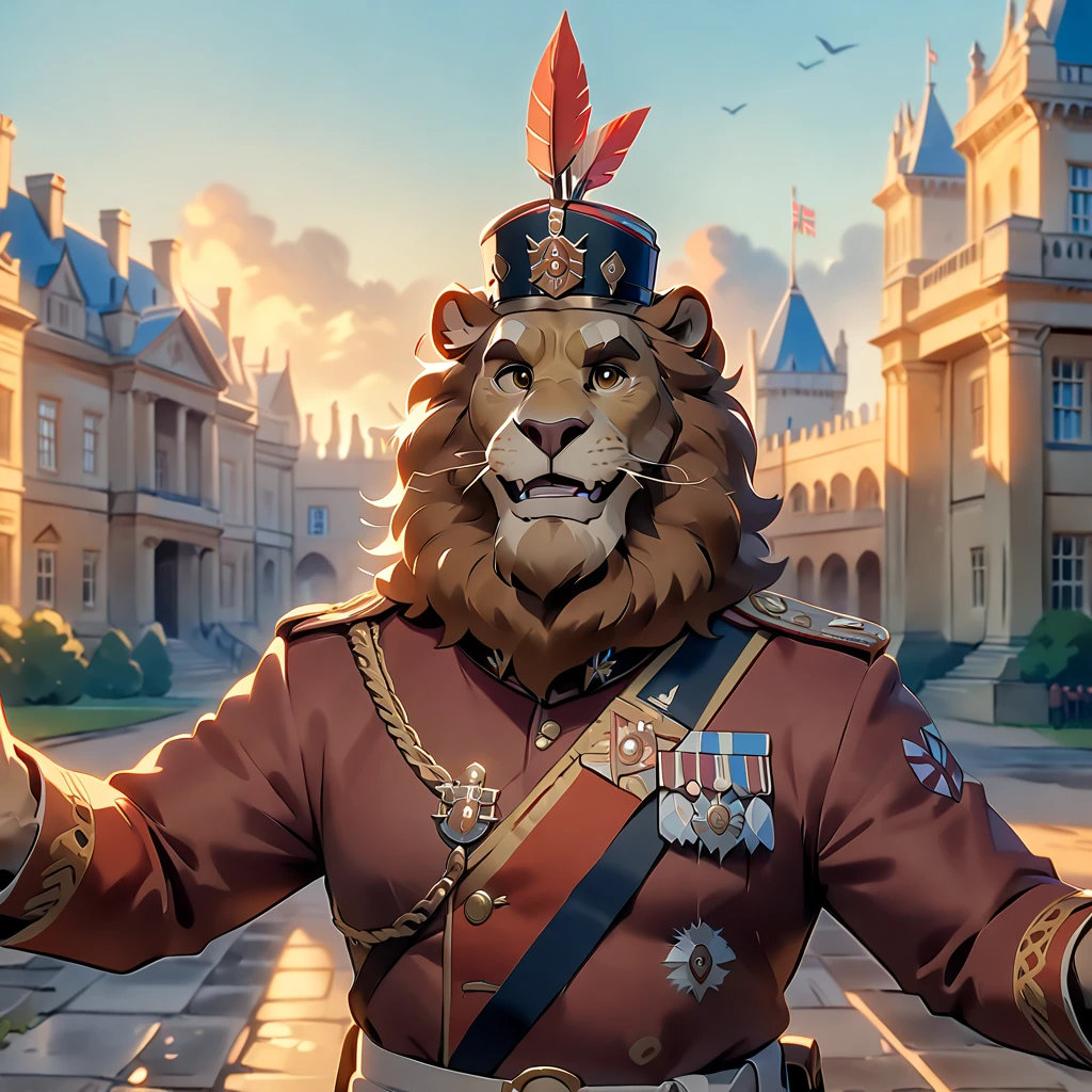 dynamic angle, dynamic pose, scots guards, plump middle-aged british lion man, happy, light smile, long hat, brown eyes, beautiful beard, male face, big face, square jawline, male eyes, sharp eyes, big eyes, male eyebrows, innocent look, fluffy body, BREAK evening, england, palace, outdoor, masterpiece, best quality, very aesthetic, absurdres,