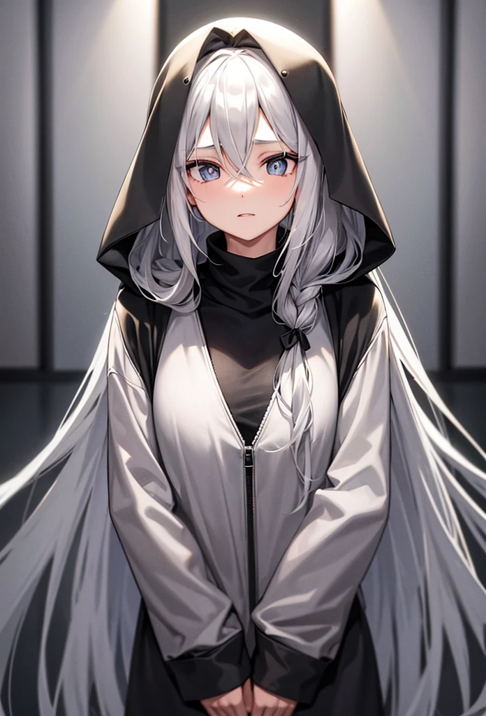 Silver Hair、Semi-long hair,{{{{{{{{ Black hoodie oversized }}}}}}}},Beautiful and delicate golden eyes,thought,Black clothes,