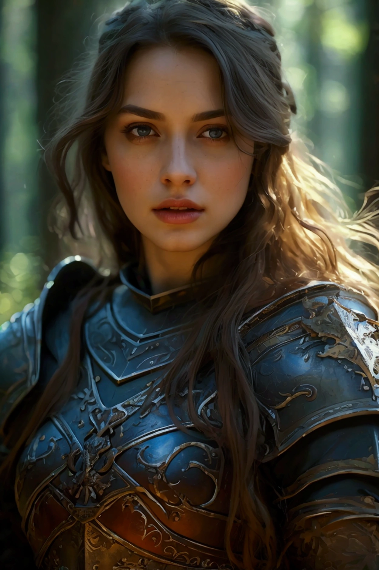 Best Quality, masterpiece, ultra high resolution, strong woman, Long and curly hair, leather armor, medieval clothing, goalkeeper, elaborate bow, mystical runes, magical, detalleed background, forest, extreme detail, 4k,  