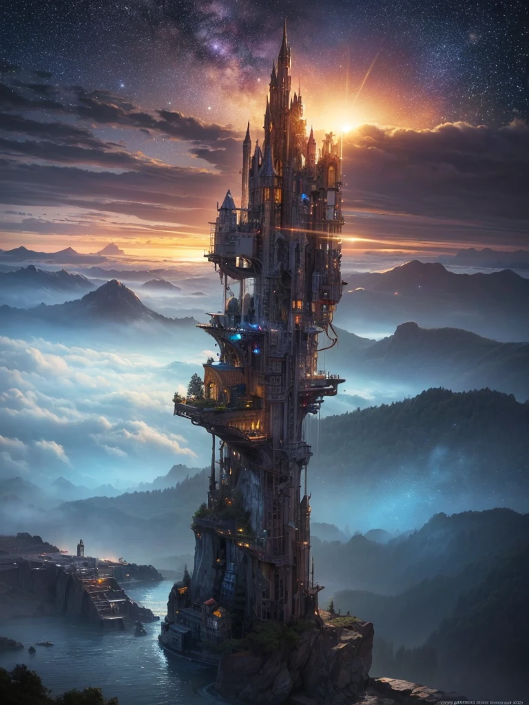 (8k, highest quality, masterpiece, final fantasy style: 1.2), (unRealistic, photoRealistic: 1.37), Dreamy landscape, Fantasy, Unsurreal landscapes, Super detailed, Flying Castle, Floating Island in the Sky, Seven-colored swirl of light, Intense lightning, milky way, Complex Light, Colored light, Large Lake, Starry sky reflected on the lake surface, Countless shining stars, Meteors,  Reflections , (A pillar of light emanated from the ground:1,2), roses and orchids gardens , sunset, pink clouds, waterfalls in the sky, realistic style, Hyperrealism drawing, a flying pirate spaceship floating at the clouds level, burning skyscrapers, cyborgs, timeless realms, stunning  princess  ,  casting spell, healing light magic effect, in a magical lagoon of the fairyland, crystal clear water surface reflections, sharp focus, looking at viewer, (close-up:0.9), (bright white theme:1.2), (bright white tone:1.2), (deep blue tone:1.3),((( realistic, Hyperrealism, vivid colours , landscapes , alien cyborgs , science fiction themes))), (((2 humanoid stunning female cyborgs posing )))