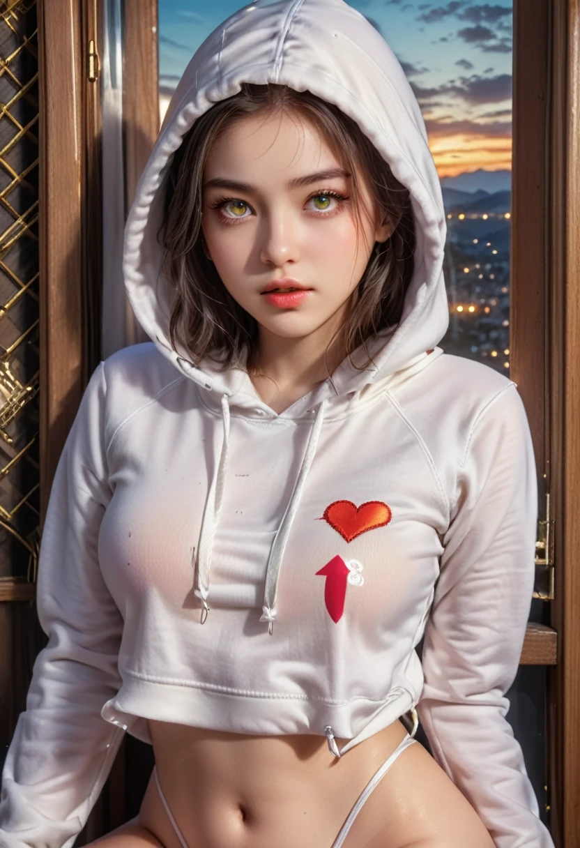 1 Girl,cameltoe，thigh，Beautiful and delicate eyes,Beautiful and delicate lips,Extremely detailed eyes and face,Long eyelashes,Heart-shaped pupil,hoodie,Solitary,masterpiece,(best quality,4K,8K,high resolution,masterpiece:1.2),Extremely detailed,(Practical,photoPractical,photo-Practical:1.37),portrait,Movie Lighting,Dramatic Lighting,Intricate details,Ethereal,Like a dream,serene,calm