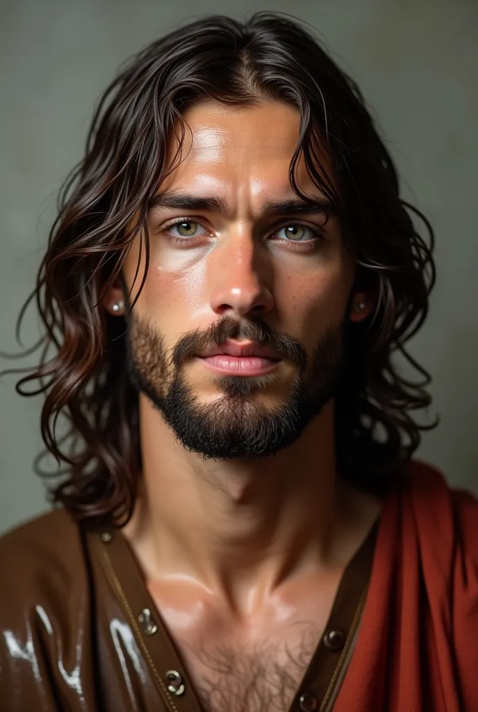 (photorealism:1.2), handsome Jesus Christ, big face and facing the front view, wet look that full of water all over the face, the elegant looks more gorgeous, wearing the color brown clothes of the king that wet all over, teenager fresher look of handsome Jesus Christ,