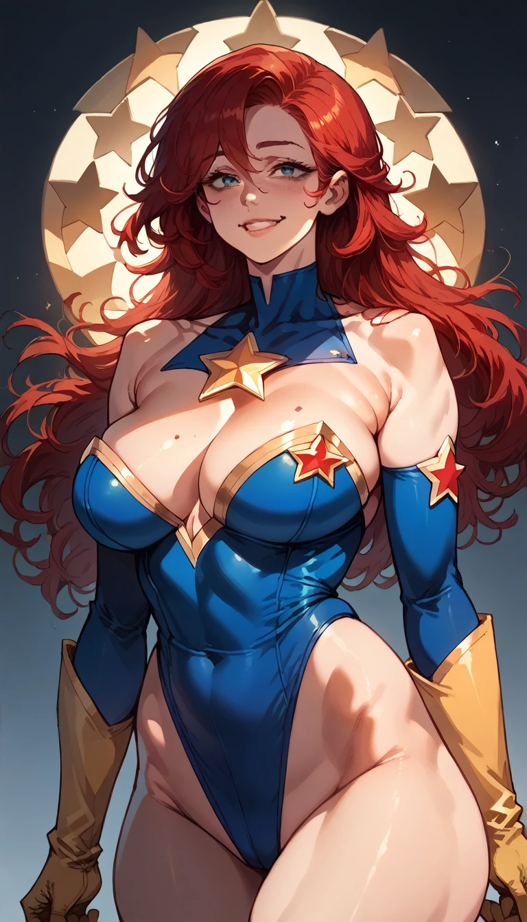 score_9, score_8_up, score_7_up, score_6_up, (((masterpiece))), (((Best Quality: 1.5))), Sexy, Superheroine, Red hair, long hair, busty, plump, curvy, ((blue highleg leotard with a t-back thong and a gold star insignia on chest)), gold boots, gold gloves, happy expression