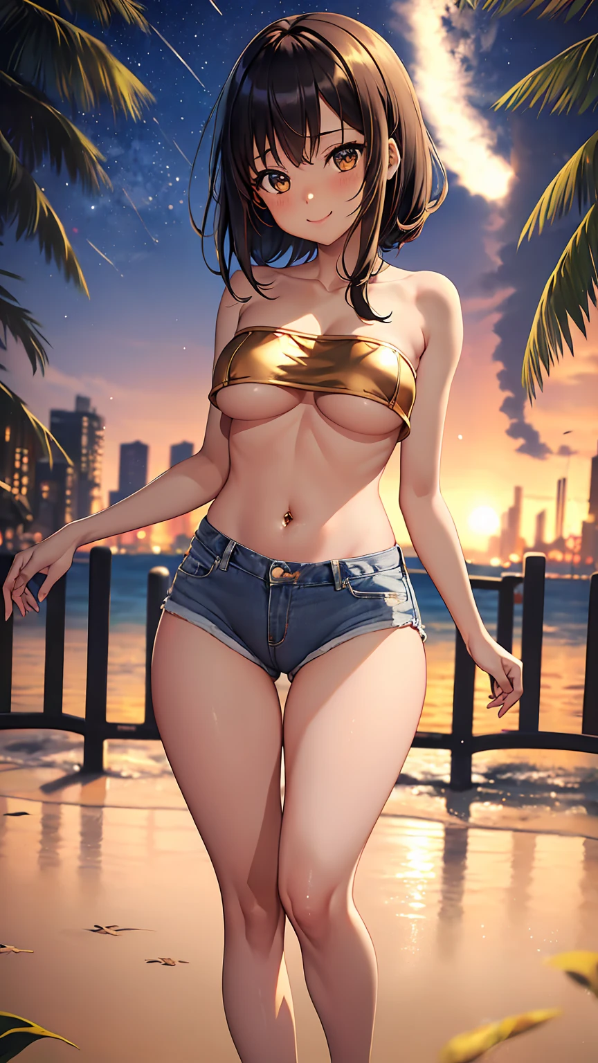 1girl, anime girl, anime, (dark skin), 2d girl, 16y, (fullbody), standing, anime girl, golden eyes, seductive smile, (golden hair), (((mini tube top,strapless,black))) exposed navel, (((underboob view))), Solo, Slim, large breasts, big Breasts, Tight Shorts, (nopanties, no panties, no_pan, no pan, nopan), low waist shorts, upshorts, The night beach background, city lights, looking at viewer, darker shadows, (((shorts))), (((sexy))), (((absurdres))), (((thigh gap))), cameltoe, (((cameltoe))), (((lowleg shorts)))