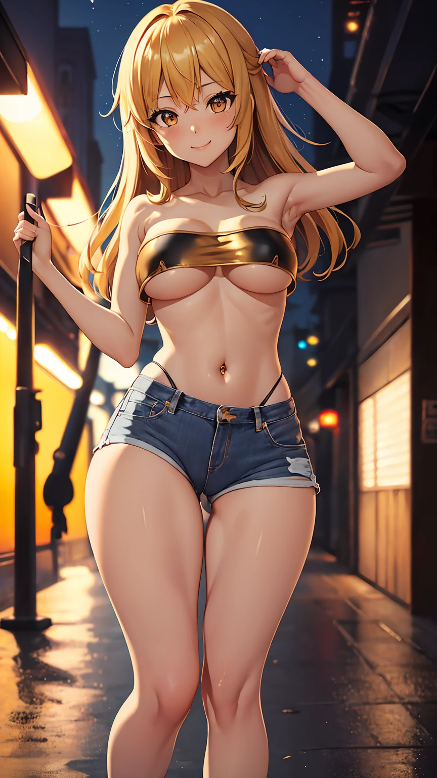 1girl, anime girl, anime, (dark skin), 2d girl, 16y, (fullbody), standing, anime girl, golden eyes, seductive smile, (golden hair), (((mini tube top,strapless,black))) exposed navel, (((underboob view))), Solo, Slim, large breasts, big Breasts, Tight Shorts, (nopanties, no panties, no_pan, no pan, nopan), low waist shorts, upshorts, The night beach background, city lights, looking at viewer, darker shadows, (((shorts))), (((sexy))), (((absurdres))), (((thigh gap))), cameltoe, (((cameltoe))), (((lowleg shorts)))