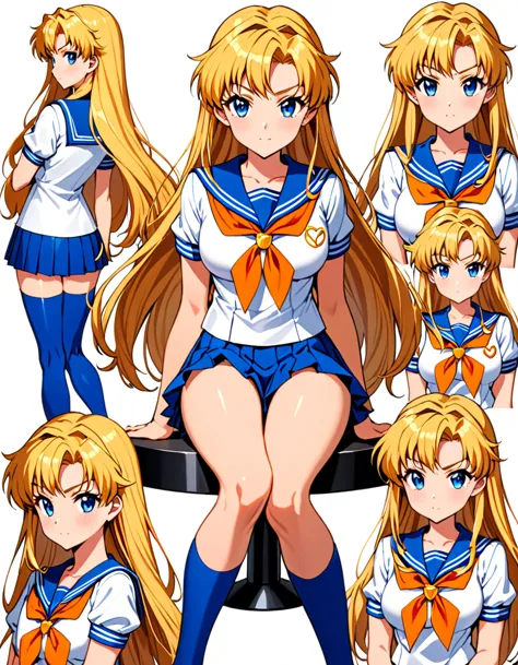 (masterpiece), (best quality), (high res), sailor Venus, tall body, beautiful detailed eyes, beautiful detailed face, serious, perfect hands, complete fingers, perfect anatomy, perfect proportions, ((blonde hair, long hair, hair down)), ((blue eyes)), (( sailor Venus  outfit)), breasts, medium breasts, looking at viewer, (solo, solo focus), sitting , ((yellow V (symbol) on chest)), full body costume design. Simple background, Multiple Views, Character Sheet Full-Length.