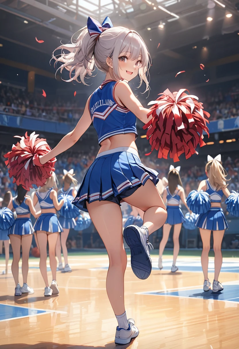 (masterpiece, best quality:1.2), 1girl, full body,from behind,cheerleaders,(pom-pom in both hands:1.3),standing one leg,(raise one leg:1.2),cheer dance