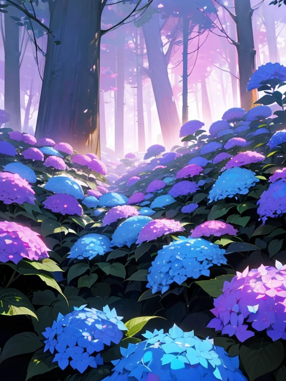 In the heart of a dark, dense forest, clusters of vibrant hydrangeas bloom in shades of deep blue, violet, and soft pink. The forest is shadowy and mysterious, with tall trees looming overhead, their thick canopy blocking most of the sunlight. However, soft beams of light pierce through the gaps in the trees, casting a gentle, ethereal glow on the hydrangeas below. The flowers seem to thrive in this secluded, tranquil corner of the forest, their colors vivid against the somber, dark tones of the surrounding woods. The interplay of light and shadow creates a magical atmosphere, where the beauty of the hydrangeas shines brightly amidst the dark forest.