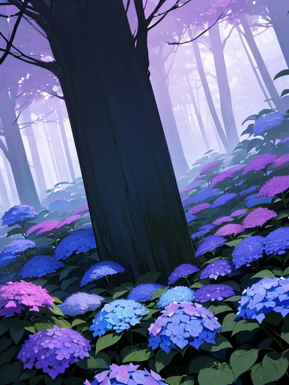 In the heart of a dark, dense forest, clusters of vibrant hydrangeas bloom in shades of deep blue, violet, and soft pink. The forest is shadowy and mysterious, with tall trees looming overhead, their thick canopy blocking most of the sunlight. However, soft beams of light pierce through the gaps in the trees, casting a gentle, ethereal glow on the hydrangeas below. The flowers seem to thrive in this secluded, tranquil corner of the forest, their colors vivid against the somber, dark tones of the surrounding woods. The interplay of light and shadow creates a magical atmosphere, where the beauty of the hydrangeas shines brightly amidst the dark forest.