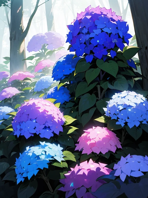 In the heart of a dark, dense forest, clusters of vibrant hydrangeas bloom in shades of deep blue, violet, and soft pink. The forest is shadowy and mysterious, with tall trees looming overhead, their thick canopy blocking most of the sunlight. However, soft beams of light pierce through the gaps in the trees, casting a gentle, ethereal glow on the hydrangeas below. The flowers seem to thrive in this secluded, tranquil corner of the forest, their colors vivid against the somber, dark tones of the surrounding woods. The interplay of light and shadow creates a magical atmosphere, where the beauty of the hydrangeas shines brightly amidst the dark forest.