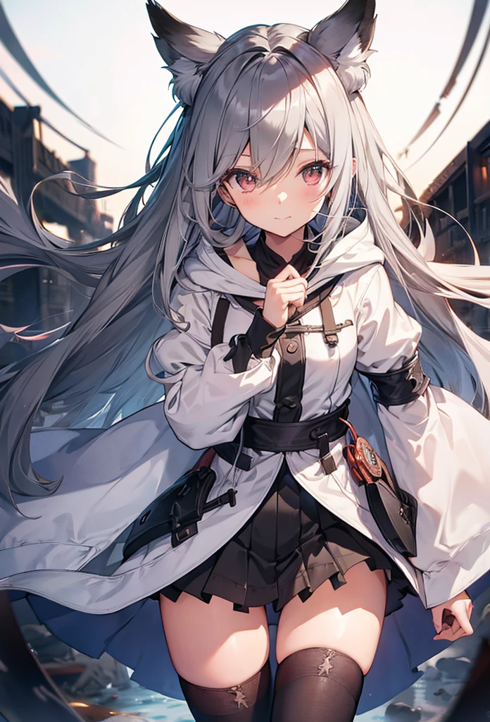 Highest quality、8k))One woman　long hair anime girl、extremely cute anime girl face、Nightcore、From the front line of girls、Portrait of a cute anime girl、Granblue Fantasy Style, Granblue Fantasy Style, Granblue Fantasy Style, whole body, Downから,Sealing,View your viewers, head_Tilt, small, girl,woman,woman, mature,30 years old, Very long hair, Inverted hair, Gray and silver hair, Flowing Hair, Ahoge, Light Smile,Closed_eye , Moderate_chest, Thighs Thighs Thighs Thighs, White skin, coat, hoodie, black_skirt, knees_Knee-high boots, Food_Down, thigh_gap, black clothes, transparent_background, transparent_background, transparent_background, Absurd, High resolution, Extremely accurate details,whole body　evening mood