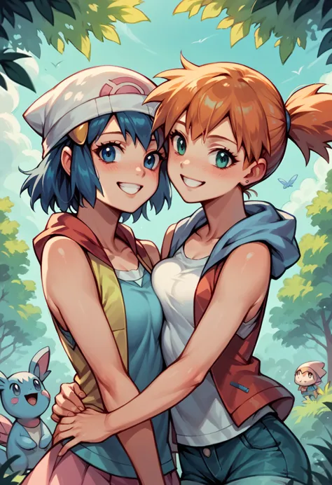 pokemon character, girls , misty , dawn, together, smile , friends , dynamic image