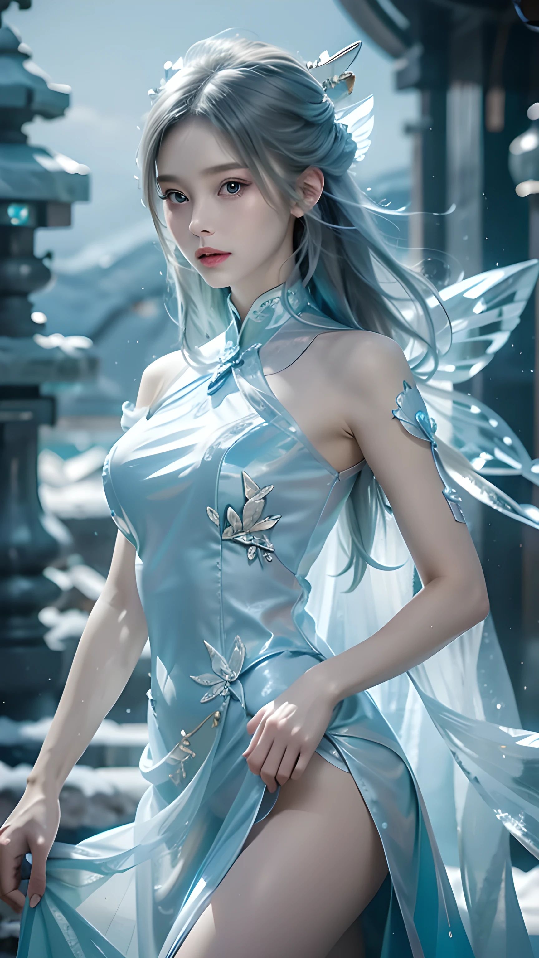 Whole body from legs to face , Blue eyes, Extremely detailed eyes, Super delicate and beautiful face , Light blue hair , Blue and white clothes, realistic clothes, Details of clothes ,Full body portrait ,ice snow goddess,Coolant ,ice world,ice,Translucent clothing,Blue nails,positive, ice butterfly wings, crystal,skirt,Luminescence ,Long hair, Medium breasts, ice castle background
