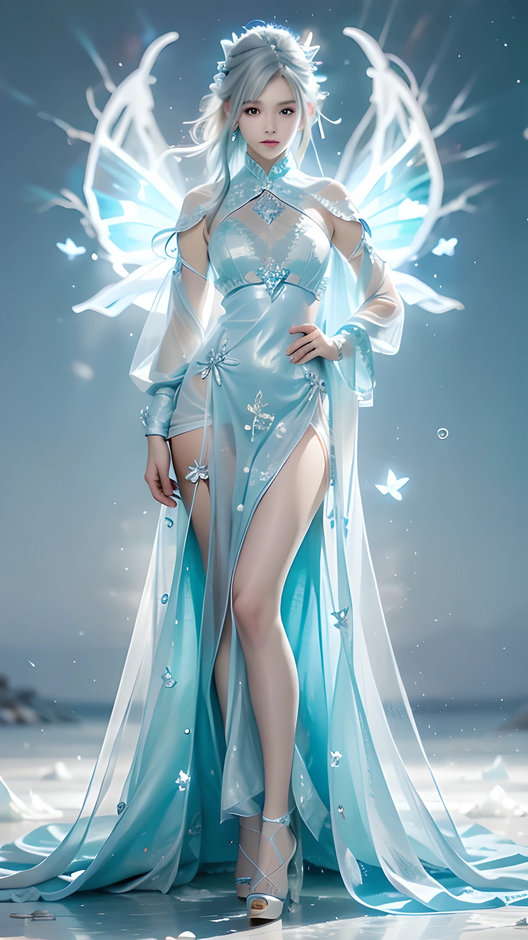 Whole body from legs to face , Blue eyes, Extremely detailed eyes, Super delicate and beautiful face , Light blue hair , Blue and white clothes, realistic clothes, Details of clothes ,Full body portrait ,ice snow goddess,Coolant ,ice world,ice,Translucent clothing,Blue nails,positive, ice butterfly wings, crystal,skirt,Luminescence ,Long hair, Medium breasts, ice castle background
