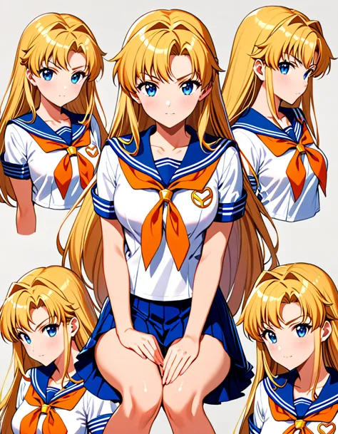 (masterpiece), (best quality), (high res), sailor Venus, tall body, beautiful detailed eyes, beautiful detailed face, serious, perfect hands, complete fingers, perfect anatomy, perfect proportions, ((blonde hair, long hair, hair down)), ((blue eyes)), (( sailor Venus  outfit)), breasts, medium breasts, looking at viewer, (solo, solo focus), sitting , ((yellow V (symbol) on chest)), full body costume design. Simple background, Multiple Views, Character Sheet Full-Length.