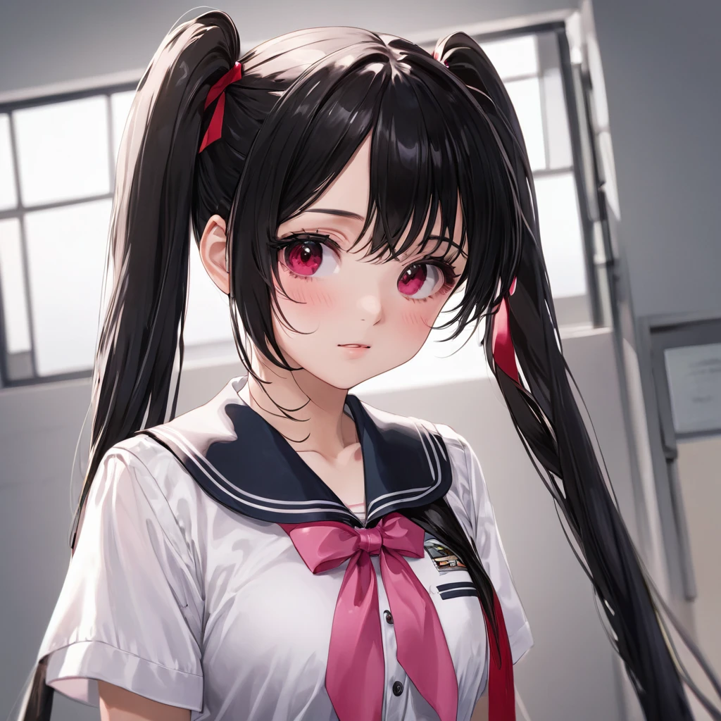 (High resolution, 8k, best quality, masterpiece, ultra detailed), anatomically correct, anime, 1girl, very long low twintails, red ribbon, very long low pigtails, black hair, serafuku, black sailor collar, white blouse, pink neckerchief, school, from front