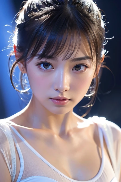 (masterpiece、Highest quality:1.4)、 (8k resolution、Ultra-high resolution:1.2)、((((Big close-up of face)))、Detailed depiction face、Eye for detailed depiction、Detailed skin、Detailed Hair、Glowing Skin、One Girl,Detail and beauty that cannot be captured in reality:1.3、 Elegant and perfect figure、1、Beautiful Bangs、非常にDetailed Hairの毛、Bright photography lighting,Side photo of a woman、Look forward、Looking into the distance、Ballet dance poses、 (White ballet clothes:1.2)、On Stage、Blue lighting