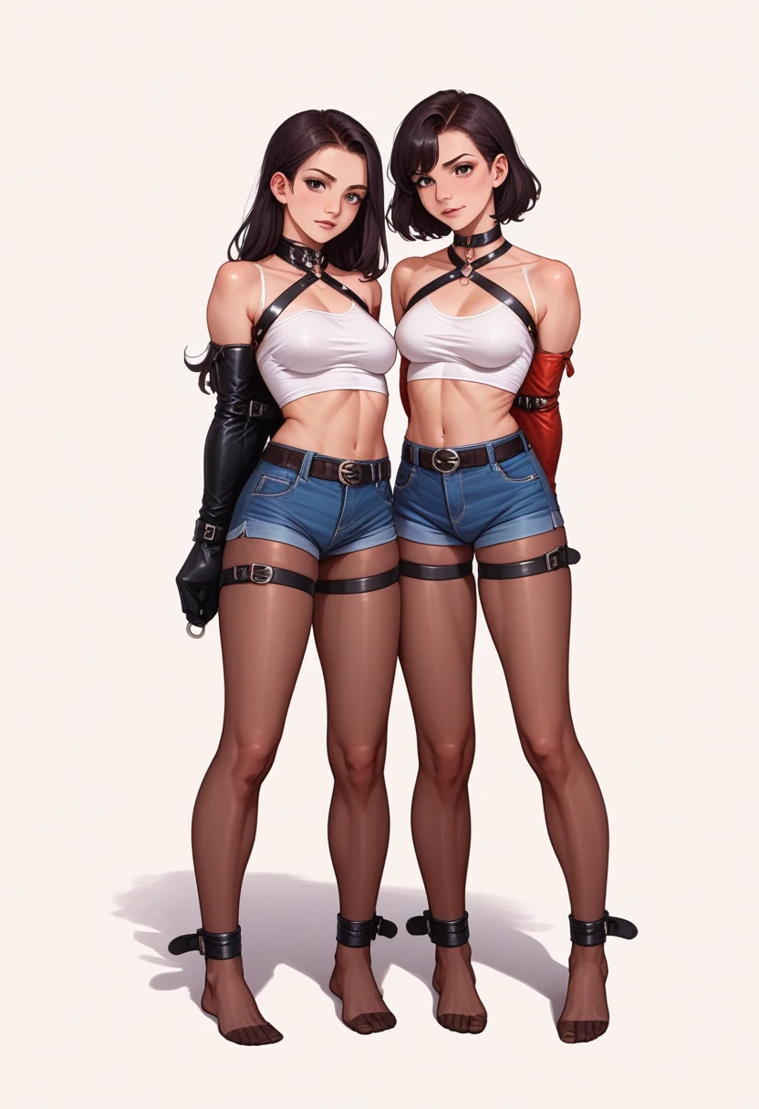 ((Full body photo, standing, feet on the ground))  ,twins, Masterpiece,Best quality,offcial art,Extremely detailed Cg Unity 8K wallpaper, 2girls, cute female , Yuri, hair adornments, Short shorts, Crop top, Pantyhose, ribbon_choker necklace, leg belt, leather belt bondage harness, wrappend in belt together