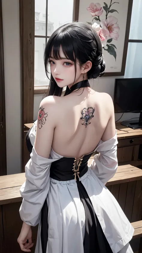 (masterpiece, Top quality, best quality, Official Art, beautiful and aesthetic:1.2),1 Girl, Tattoo, Solitary, Japanese clothes, Hair accessories, unsheathing, Black Hair, sheath, back Tattoo, blue eyes, Off-shoulder, 裸Off-shoulder膀, look back, From the back, flower, Looking at the audience, Keep, cosmetic, indoor,