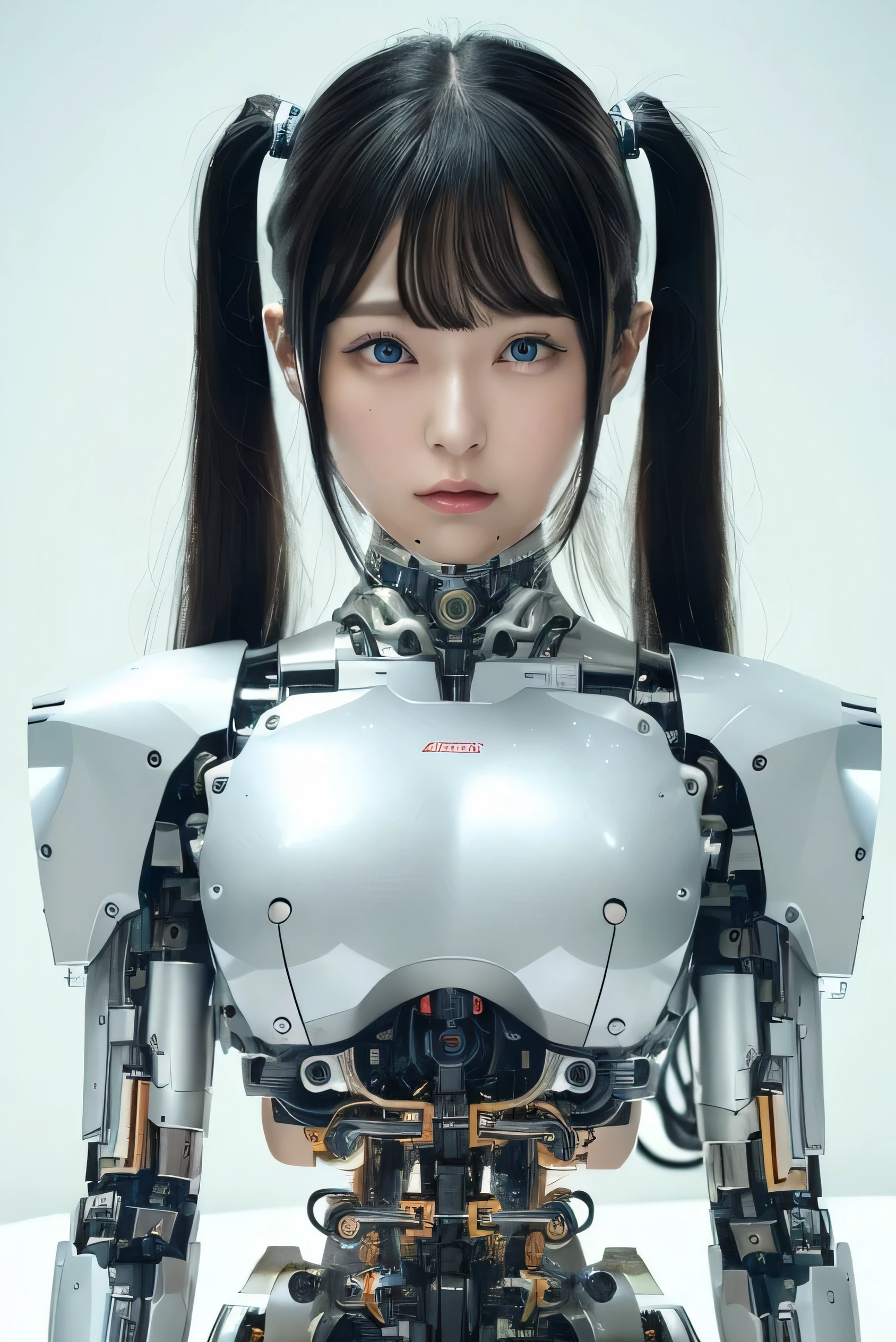 masterpiece, best quality, extremely detailed,  Japaese Cyborg girl,Plump , control panels,android,Droid,Mechanical Hand, Robot arms and legs, Black Robot Parts,Black hair,Mechanical body,Blunt bangs,White robotics parts,perfect robot girl,long tube,thick cable connected her neck,ceramic body ,mechanical body, mechanical ear cover, mechanical costume,android,robot,humanoid,cyborg,japanese android woman ,mechanical chest,blue eyes,future laboratory,connecting a cable between the legs,