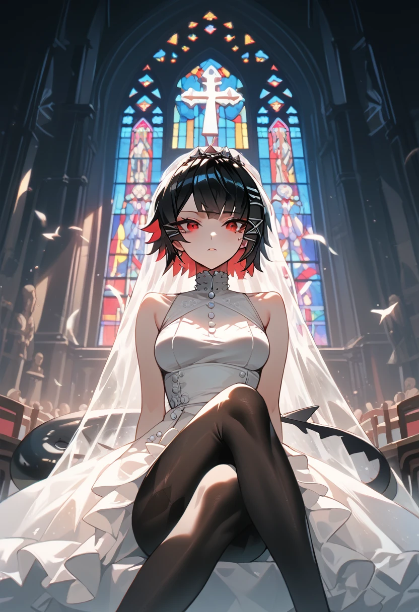 masterpiece，high resolution，Anime Art，Anime Numbers， 4k anime wallpaper，Soft Light，Radiant Skinime girl，Sitting，White Wedding Dress，Black short hair，Striped hair，A black spot under the red eye，Black pantyhose，Slender legs，Black shark tail，church，Colorful glass